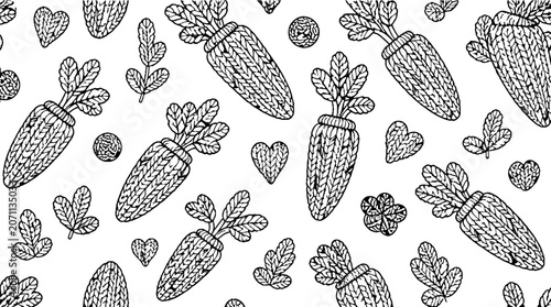 Hand Drawn Carrot Pattern with Leaves and Hearts.