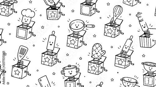Colorful cartoon jack in the box characters pattern.