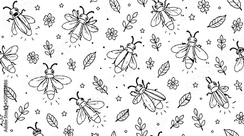 Whimsical Firefly and Floral Pattern Design.