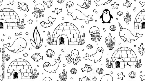 Whimsical Arctic and Ocean Life Doodle Collection.