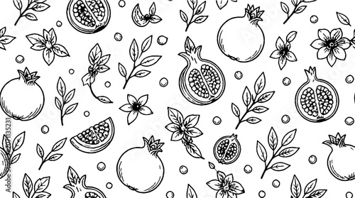 Detailed black and white pomegranate and foliage pattern.