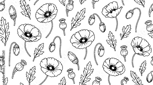 Black and white poppy flower and leaf pattern design.