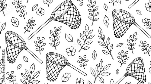 Vintage Butterfly Nets and Botanical Illustrations Pattern.