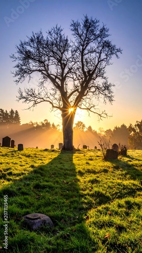 A sunlit, serene graveyard scene. A large, bare tree stands centrally, its shadow cast across the green, grassy ground, with sun rays shining through