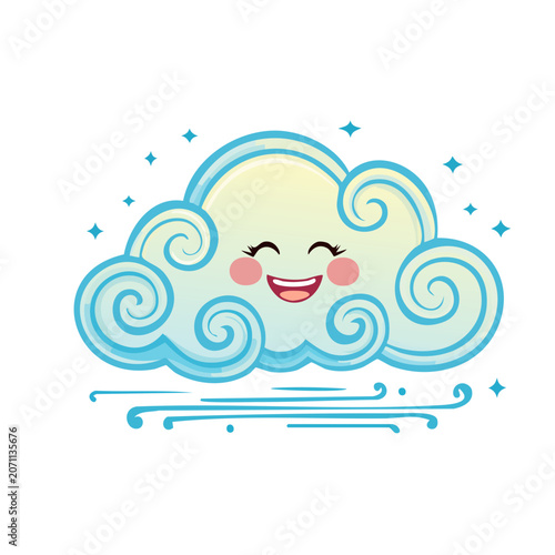 Cute happy cloud with wind and stars illustration