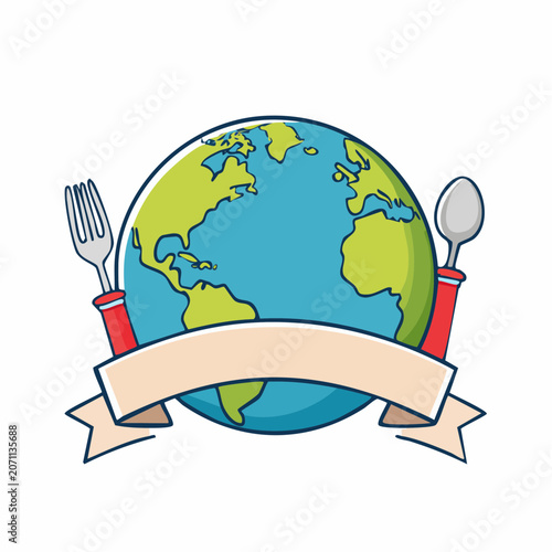 Earth with fork, spoon and ribbon