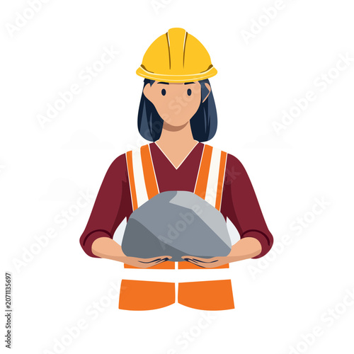 Female construction worker holding rock, flat vector illustration