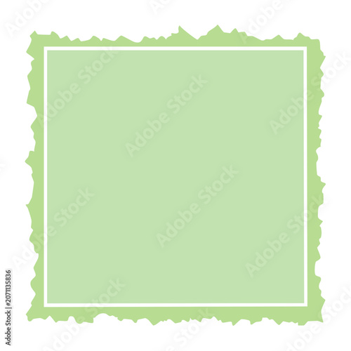 Green torn paper square frame with white border on white background