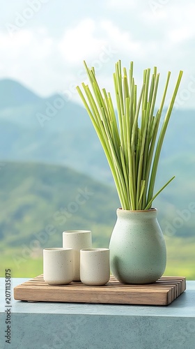 Fresh herbs in a vase with small cups