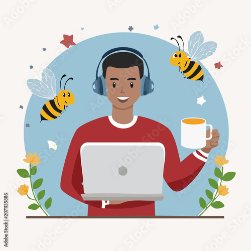 Man with laptop, headphones, and coffee, with bees and flowers
