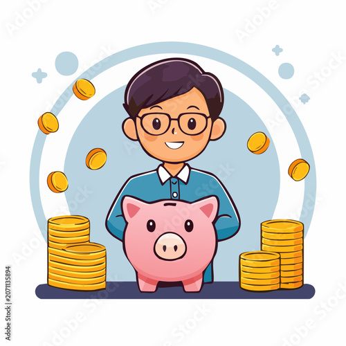 Man with Piggy Bank and Stack of Coins