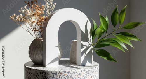 3D product display podium with natural green leaves podium stage 3D render