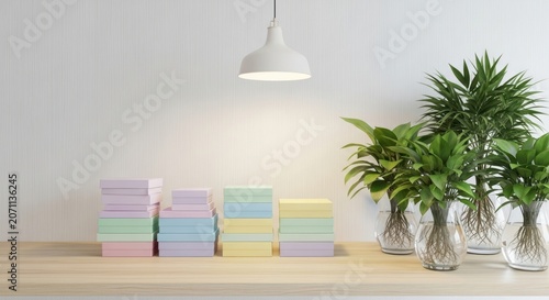 Minimalist product display stage with books and plants, interior design