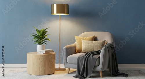 Modern living room interior with cozy armchair and lamp, interior design