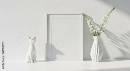 Minimalist blank picture frame mockup on white surface with interior design