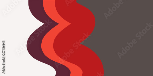 Modern composition with layered curved shapes in red, burgundy and gray on a clean minimal background.