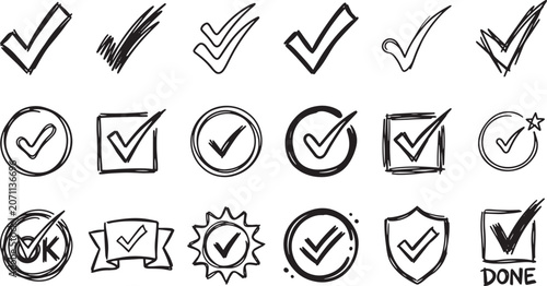 Hand Drawn Check Mark Icon Set Sketch Style Tick Mark Vector