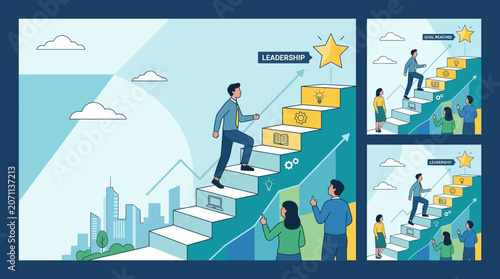 Business leadership concept with people climbing stairs to success goal