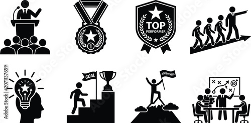 Business Leadership and Achievement Icons Set with Teamwork Success and Goal Concepts