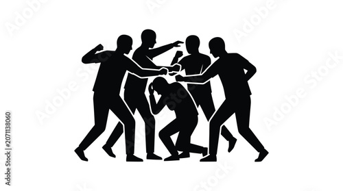 Black vector illustration showing a group of aggressive figures attacking a single defenseless victim person