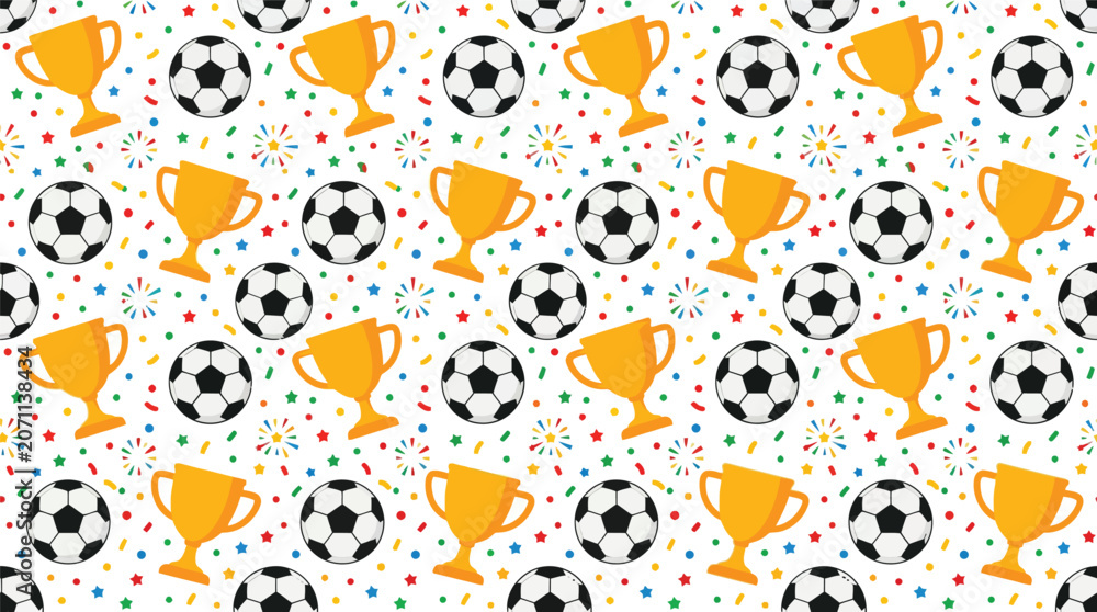 Obraz premium Seamless graphic pattern with soccer balls and trophies in bright yellow and black motifs.