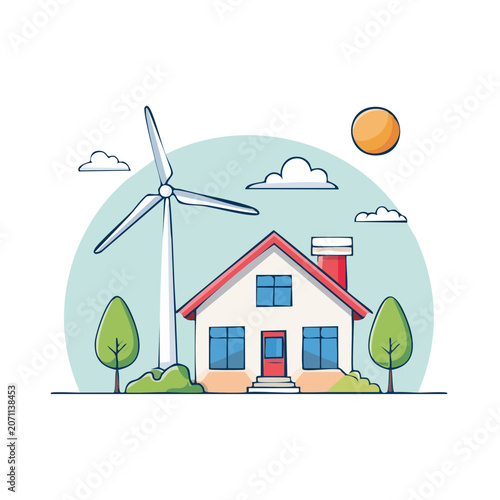 Flat illustration of eco-friendly house with wind turbine