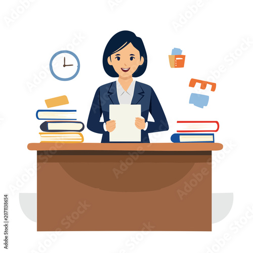 Woman in suit at desk with books and papers