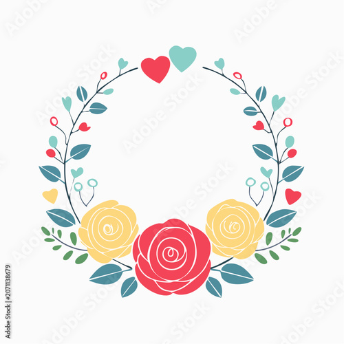 Floral Wreath with Roses and Hearts