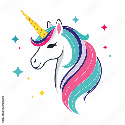 Magical Unicorn Head with Colorful Mane and Stars