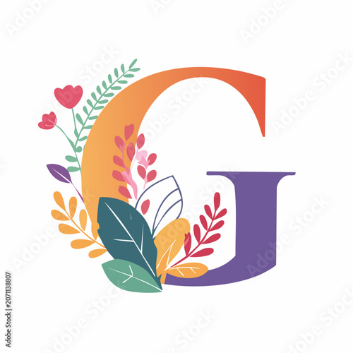 Letter G decorated with colorful flowers and leaves