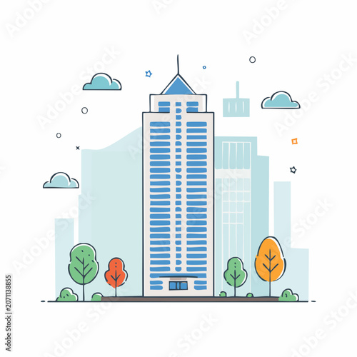 Modern Skyscraper with Trees and Clouds
