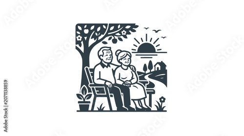 Elderly couple sitting on bench together.