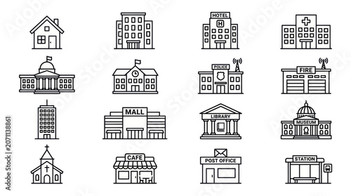 Architecture and public building outline icon set.