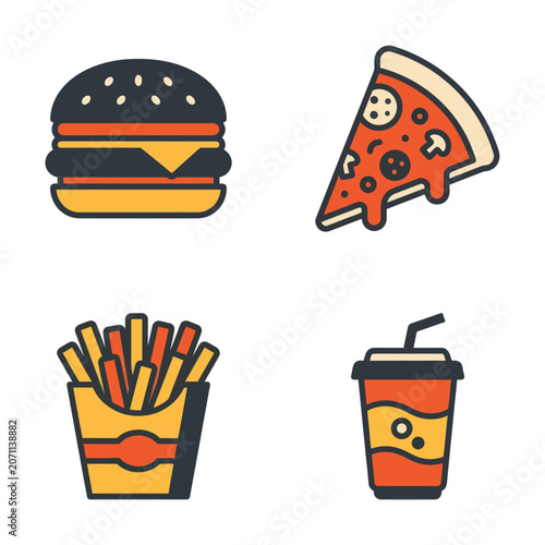 Fast Food Items Burger Pizza Fries.