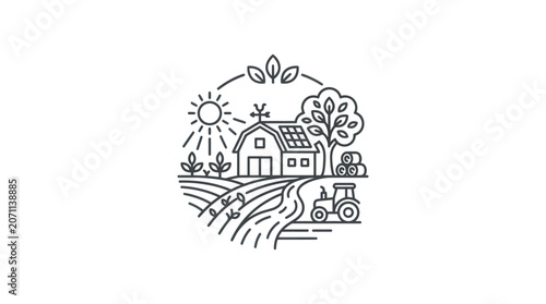 Farm Tractor and Rural House Scene.
