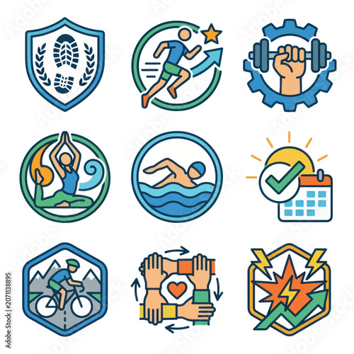 Fitness icons with various exercises.