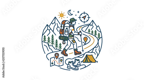 Hiker with backpack and trekking poles.