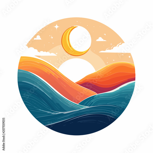 Abstract circular landscape with moon and waves