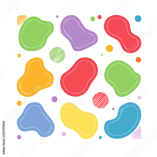Abstract colorful organic shapes with dots and stripes on white