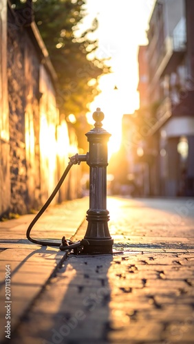 A sunlit street scene in a European city, focusing on a cast iron post. Warm tones illuminate buildings