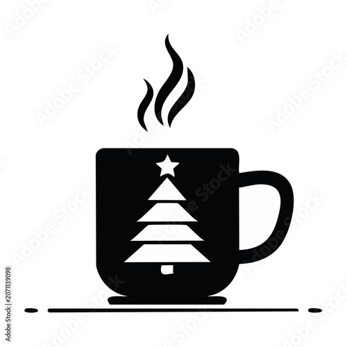 Black and white icon of a coffee cup with a Christmas tree