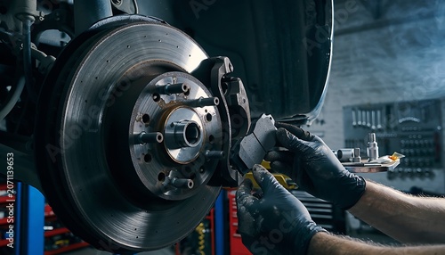 Mechanic wearing gloves replacing worn brake pads on a car's disc brake system in a professional auto repair shop.