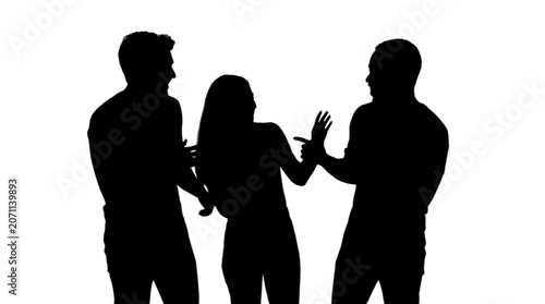 Tableau sur toile Black silhouette of couple arguing with another man isolated on transparent back