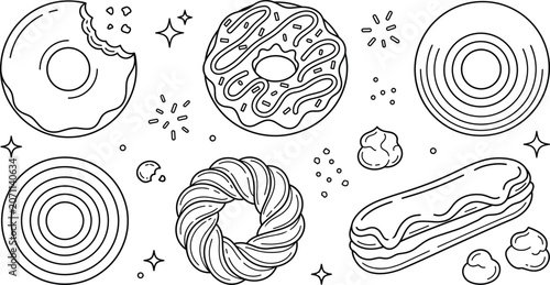 Foto Minimalist bakery line icon set featuring glazed donuts with sprinkles bitten do