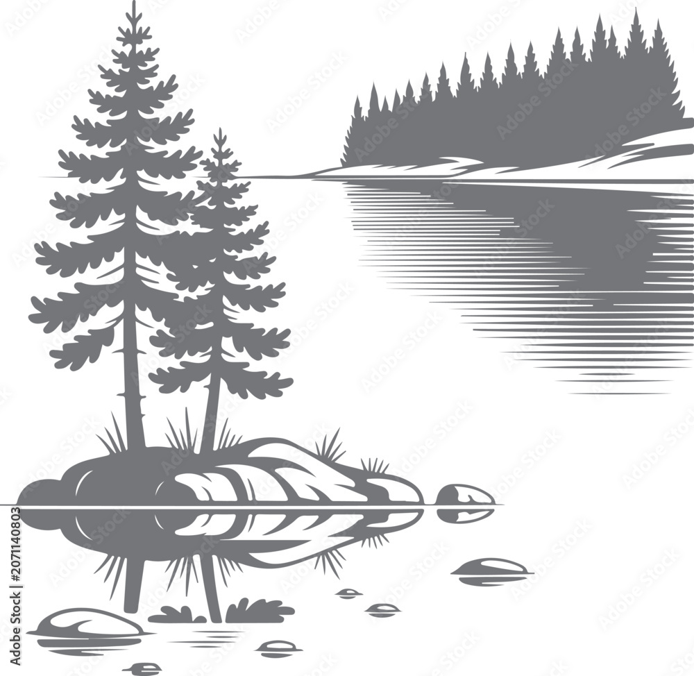 Naklejka premium Pine trees by serene lake with reflection of forest on water representing wilderness tranquility and natural beauty.