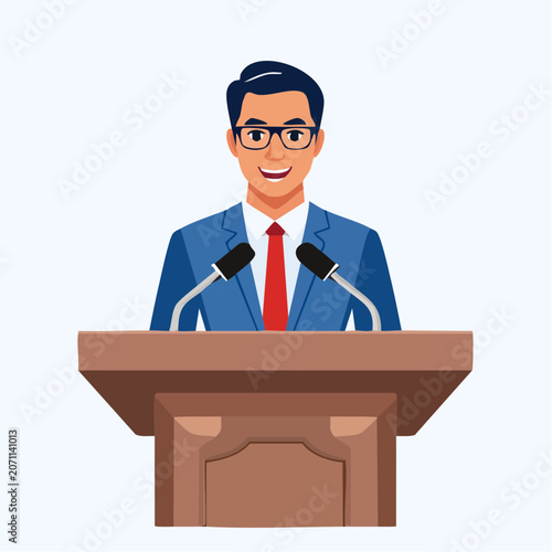 Man in suit speaking at a podium with microphones