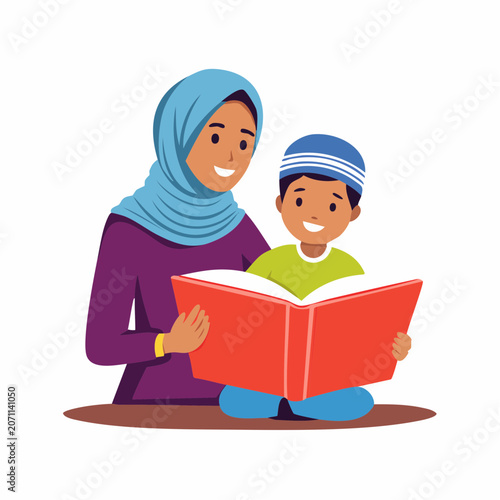 Mother and son reading a book together