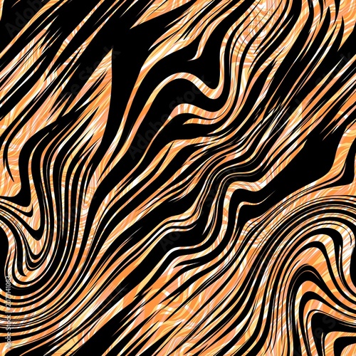 Abstract seamless tiger stripe pattern with liquid marble texture. Abstract wild animal print background in orange, black, and white colors.