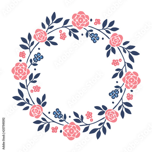 Pink and Navy Blue Floral Wreath Illustration