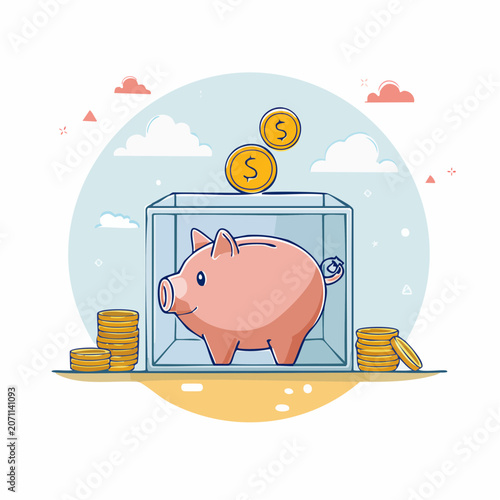 Piggy bank with coins in a glass box, flat design illustration